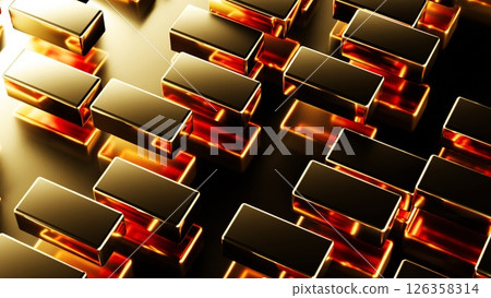 A realistic 3d render showcasing multiple gleaming gold ingots. A realistic 3d render showcasing multiple gleaming gold ingots. 126358314