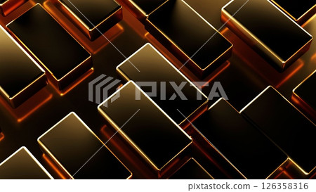 A realistic 3d render showcasing multiple gleaming gold ingots. A realistic 3d render showcasing multiple gleaming gold ingots. 126358316