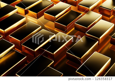 A realistic 3d render showcasing multiple gleaming gold ingots. A realistic 3d render showcasing multiple gleaming gold ingots. 126358317