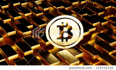 Golden Bitcoin laying on the gold ingots (bullion bar). Golden Bitcoin laying on the gold ingots (bullion bar). 126358320