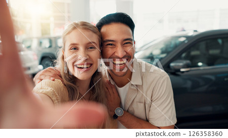 Couple, excited or portrait with selfie in car dealership, celebration or picture POV of new motor. Showroom, man or woman with hug for vehicle purchase, auto transport or photograph for social media Couple, excited or portrait with selfie in car dealership, celebration or picture POV of new motor. Showroom, man or woman with hug for vehicle purchase, auto transport or photograph for social media 126358360