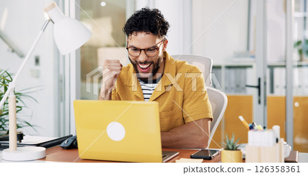 Man, promotion and winning with laptop, fist pump and good news for prize or online offer at office. Excited person, employee and smile on computer for special deal, celebration or promo at workplace Man, promotion and winning with laptop, fist pump and good news for prize or online offer at office. Excited person, employee and smile on computer for special deal, celebration or promo at workplace 126358361