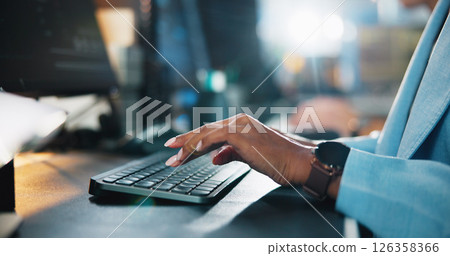 Office, hands and typing with computer for web development, coding and research. Business career, night and programmer with keyboard for programming, software update or professional person in closeup 126358366