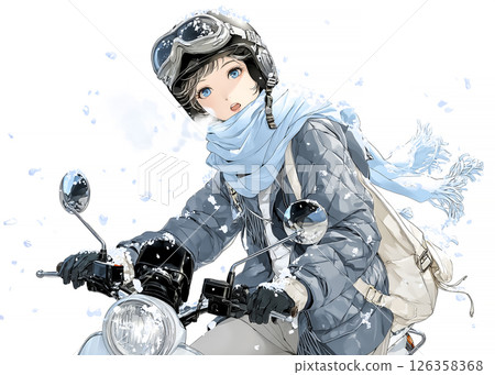 一位年輕女子在冬天雪天騎著摩托車外出的插圖 126358368