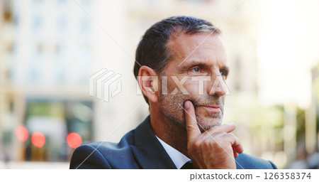 Businessman, thinking and city with ambition for corporate vision, job or career opportunity. Man, employee or wonder with thought for travel, work trip or business development in an urban town Businessman, thinking and city with ambition for corporate vision, job or career opportunity. Man, employee or wonder with thought for travel, work trip or business development in an urban town 126358374