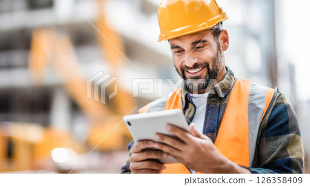 Construction worker wearing safety helmet, is smiling while using tablet device on job site, surrounded by machinery and building materials, showcasing modern technology in construction 126358409
