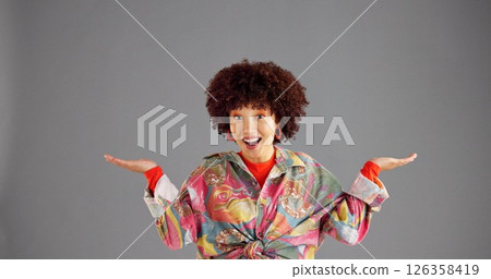 Portrait, open hands and woman in studio, offer and comparison on grey background. Face, person or model with gesture, question or shrug with decision, mockup option or choice with selection or smile Portrait, open hands and woman in studio, offer and comparison on grey background. Face, person or model with gesture, question or shrug with decision, mockup option or choice with selection or smile 126358419