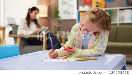 Drawing, kid and psychology with woman in office for consulting, child development and art therapy. Education therapist, advice and mental health evaluation with person and girl in clinic for exam Drawing, kid and psychology with woman in office for consulting, child development and art therapy. Education therapist, advice and mental health evaluation with person and girl in clinic for exam 126358458