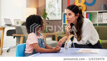 Mirror, speech therapy and help with woman and girl for language assessment, sound and teaching. Tongue placement, child development and phonics exam with therapist and kid for education consulting 126358479