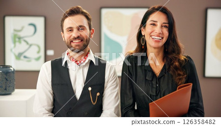 Confident, man and woman with smile in art gallery, curator and colleagues with pride for exhibition. Happy, conservator and team with collaboration for auction, portrait and fundraising event in USA 126358482
