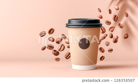 Coffee cup with black lid placed on a soft pink background, surrounded by flying roasted coffee beans, creating a dynamic and inviting atmosphere for coffee lovers and enthusiasts 126358507