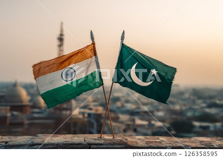 Military standoff with India and Pakistan national flags. 126358595