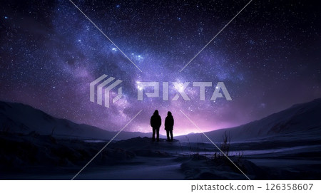 Two Figures in Snowy Hills Under a Starry Night Sky. 126358607
