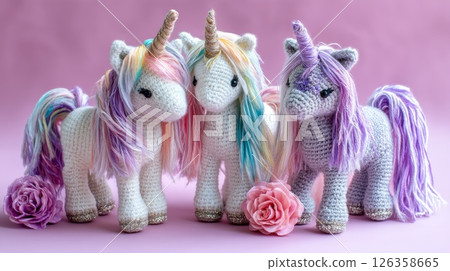 Handmade unicorn soft toys with colorful yarn. Handmade unicorn soft toys with colorful yarn. 126358665