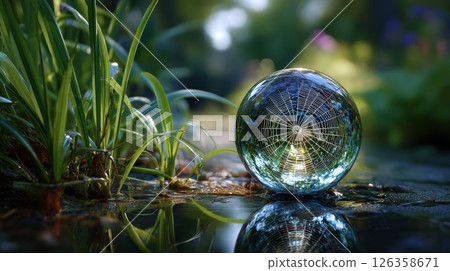 Minimalist nature moment - orb web as liquid art frame. 126358671