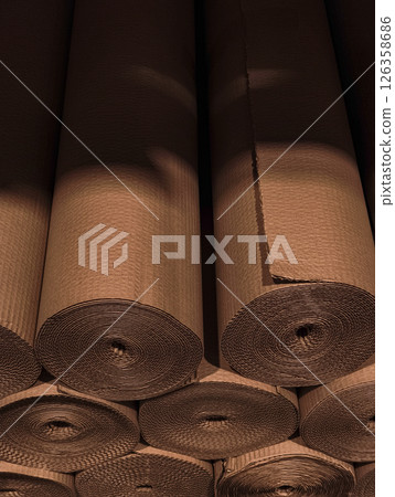 Rolls of corrugated cardboard creating a textured pattern in storage Rolls of corrugated cardboard creating a textured pattern in storage 126358686
