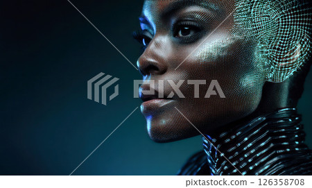 Futuristic portrait of a woman with digital mesh overlay, showcasing intricate facial features and glowing accents, set against a dark background, representing the fusion of technology and beauty 126358708