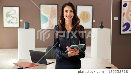 Portrait, art and woman with tablet at gallery for about us, artwork collection and museum event. Female curator, digital and career pride of online auction, showroom catalog and sculpture exhibition 126358718