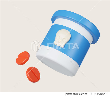 Narcotics pill bottle with a skull symbol highlighting danger. 3D render illustration 126358842