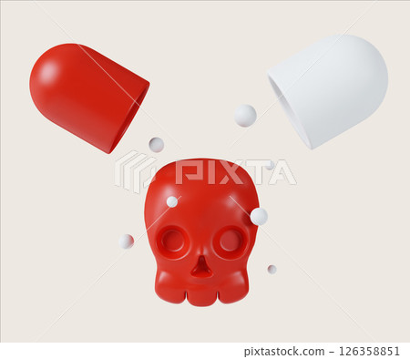Narcotics warning with skull and capsules. 3D render illustration 126358851
