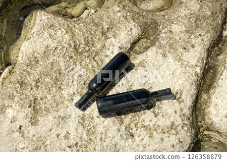 Two bottles of wine on the shore. 126358879