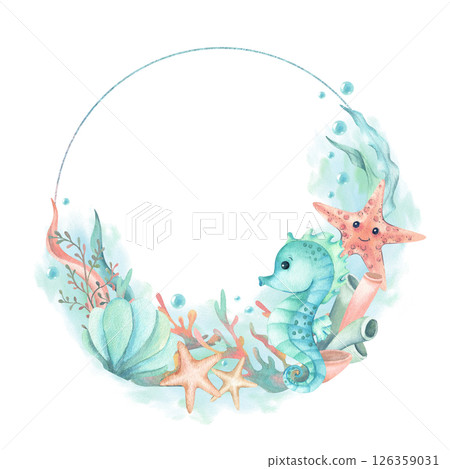 Seahorse, starfish cute characters in circle frame. Algae, seashell, coral, blue mint watercolor spot, bubbles. Hand drawn template isolated from background. Cartoon style, animated film, kids design 126359031