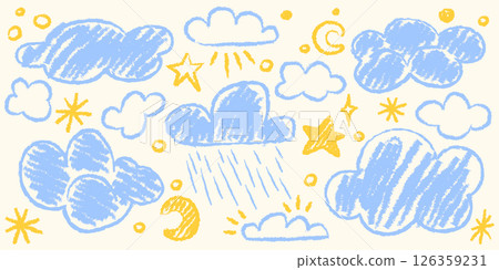 Kids crayon doodle style cloud shapes Kids crayon doodle style cloud shapes 126359231