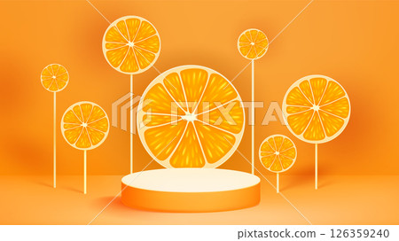 Orange slices fruit around stage podium 126359240
