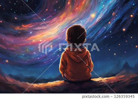 一個男孩仰望美麗星空的插圖 126359345