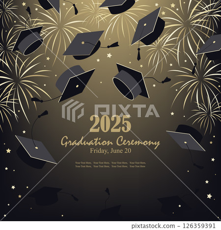 Graduation Ceremony banner template with graduate hats, firework display, and shiny stars. Invitation card for grads party or other graduation celebration design. Vector illustration 126359391