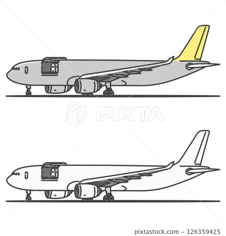 圖庫插圖: 國際貨運貨機（貨艙門開啟）處於停放狀態 126359425