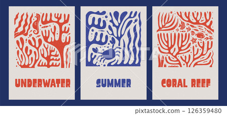 Set of cards or covers with Sea creatures silhouettes. Posters with crab, starfish, coral and exotic fish. Underwater and sea life concept. Hand draw vector illustrations with vintage paper texture. 126359480