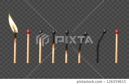 Matchbox, empty package for match sticks in top and perspective view. Realistic mockup of 3d blank box. Stages of burning the match. Symbol of ignition burning. Vector 126359615