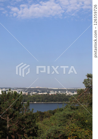 Valea Morilor lake and park, view from the drone. Valea Morilor lake and park, view from the drone. 126359726