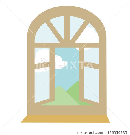 略微打開的圓形窗戶插圖，可欣賞山脈和雲彩的景色 126359785