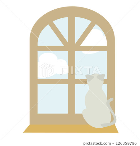 西式圓形窗戶插圖，一隻貓向外張望 126359786