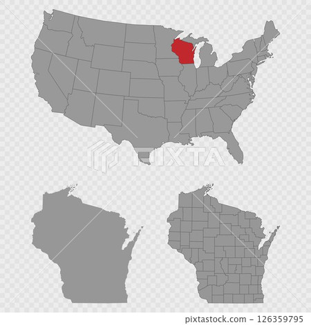 Wisconsin map set with USA location, clean outline, and full county breakdown. Wisconsin map set with USA location, clean outline, and full county breakdown. 126359795