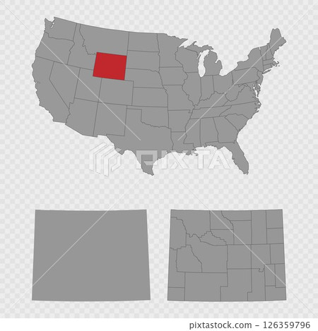 Wyoming map set with USA location, clean outline, and full county breakdown. 126359796