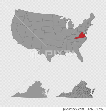 Virginia map set with USA location, clean outline, and full county breakdown. 126359797
