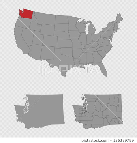 Washington map set with USA location, clean outline, and full county breakdown. Washington map set with USA location, clean outline, and full county breakdown. 126359799