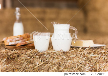 milk in a jug, slices of wheat bread and butter on hay 126359893