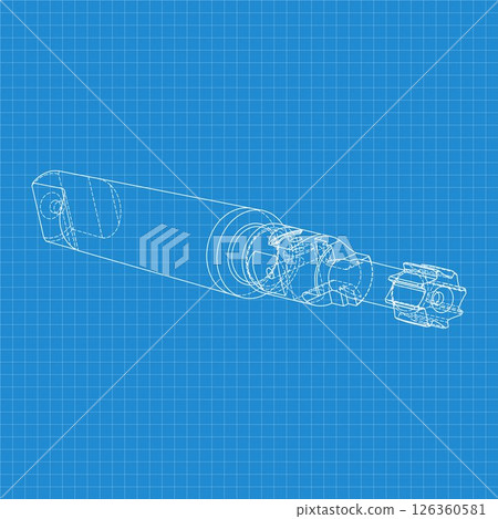 Mechanical engineering drawings. Tap tools, borer. Technical Design. Cover. Blueprint. Step Cutting Tool with Countersinking Function. Technical 3D Vector Illustration 126360581
