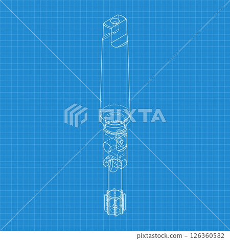 Mechanical engineering drawings. Tap tools, borer. Technical Design. Cover. Blueprint. Step Cutting Tool with Countersinking Function. Technical 3D Vector Illustration 126360582