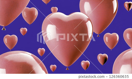 Bright pink heart-shaped balloons are scattered across a bold blue background, creating a cheerful and festive atmosphere, perfect for celebrations or special occasions. 126360635