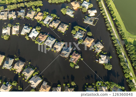 Tropical rainstorm flooded residential homes in suburban community in Florida. Hurricane aftermath 126360848