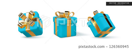 3D vector illustration of glossy blue gift boxes with shiny golden ribbons and bows. Perfect for holiday, birthday, celebration, and festive design projects. 126360945