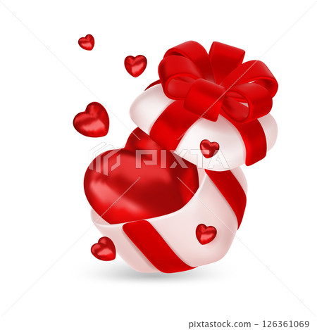 Valentine s day design. Realistic gifts boxes. Open gift box full of decorative festive object. Holiday banner, web poster, flyer, stylish brochure, greeting card, cover. Romantic background 126361069