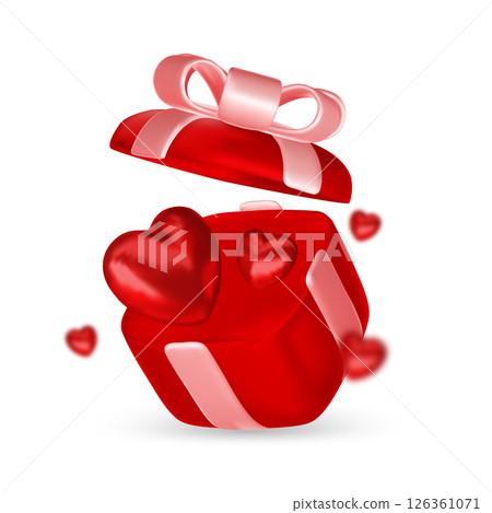 Valentine s day design. Realistic gifts boxes. Open gift box full of decorative festive object. Holiday banner, web poster, flyer, stylish brochure, greeting card, cover. Romantic background 126361071