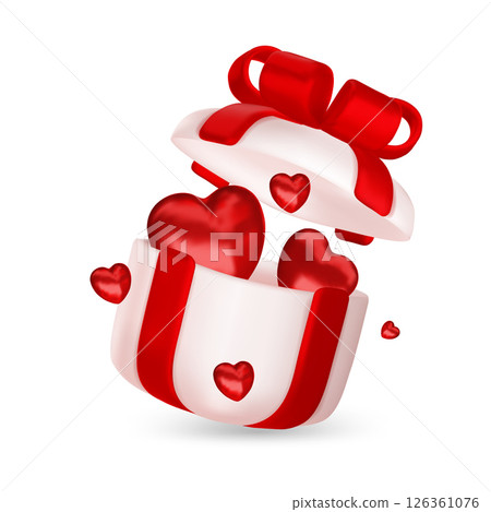 Valentine s day design. Realistic gifts boxes. Open gift box full of decorative festive object. Holiday banner, web poster, flyer, stylish brochure, greeting card, cover. Romantic background 126361076