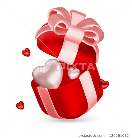 Valentine s day design. Realistic gifts boxes. Open gift box full of decorative festive object. Holiday banner, web poster, flyer, stylish brochure, greeting card, cover. Romantic background 126361082